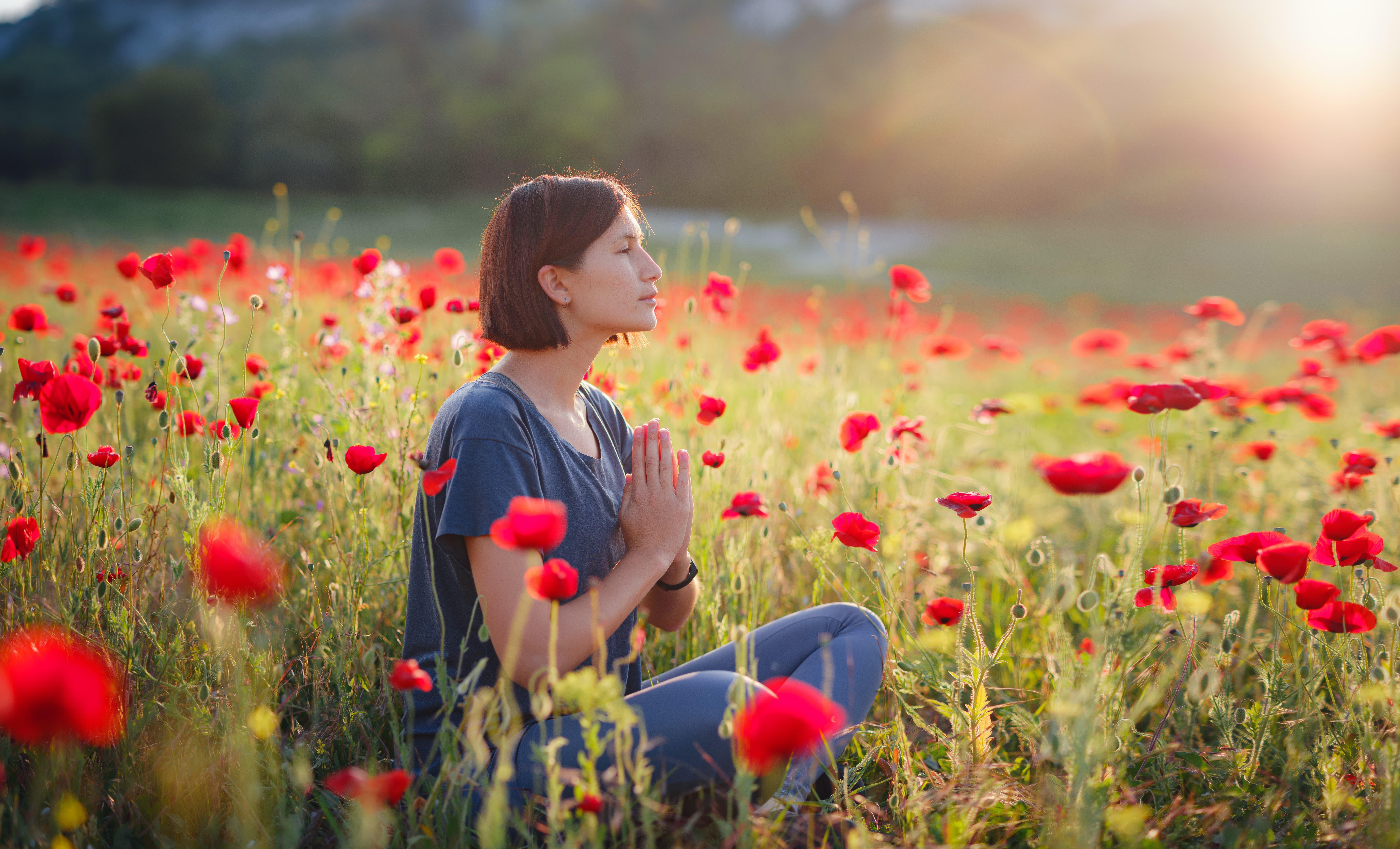 A beautiful woman meditates on a poppy field at sunset Hypnose